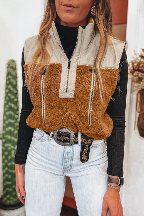 Colorblock Sherpa Half Zip Stand Neck Vest
